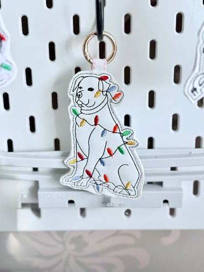 Embroidered Christmas Pet Keychains – Handmade Cats & Dogs Wrapped in Holiday Lights