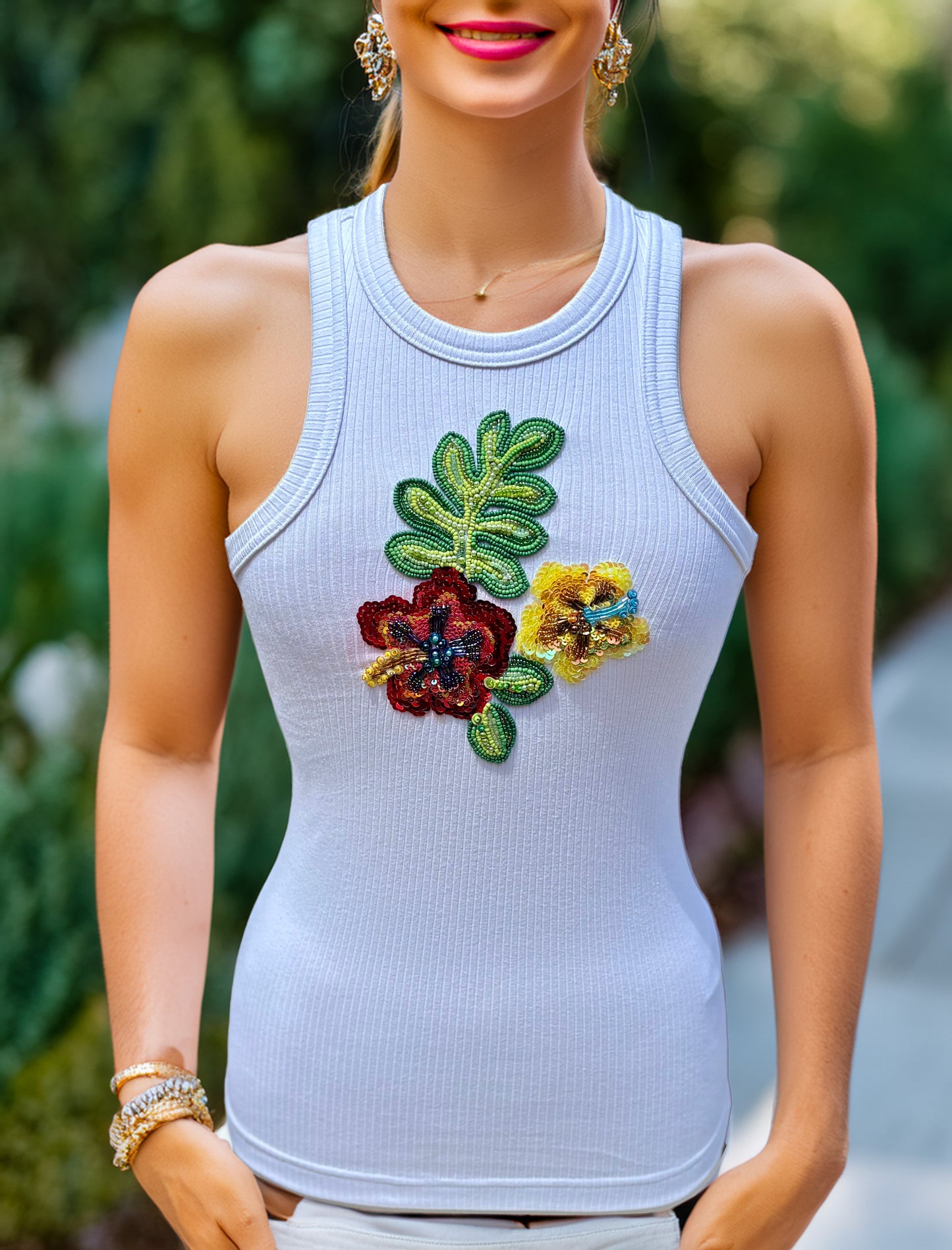 Tropical Bloom – Hand-Beaded Floral Tank Top