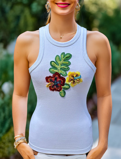 Tropical Bloom – Hand-Beaded Floral Tank Top