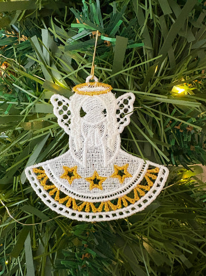 Set of 10 Machine-Embroidered Christmas Ornaments – White & Gold Lace Decorations