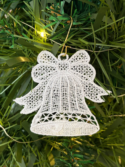 Set of 10 Machine-Embroidered Christmas Ornaments – White & Gold Lace Decorations