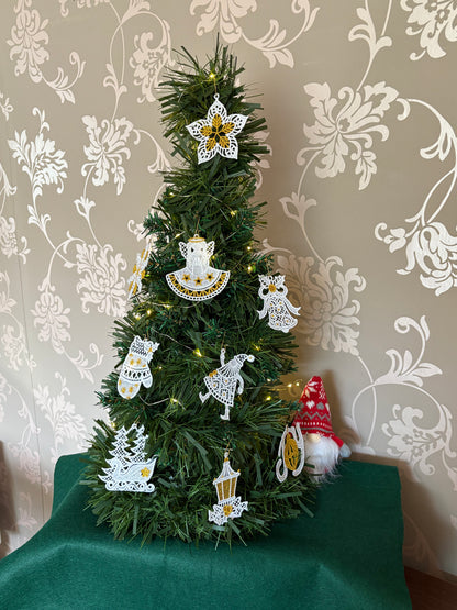 Set of 10 Machine-Embroidered Christmas Ornaments – White & Gold Lace Decorations