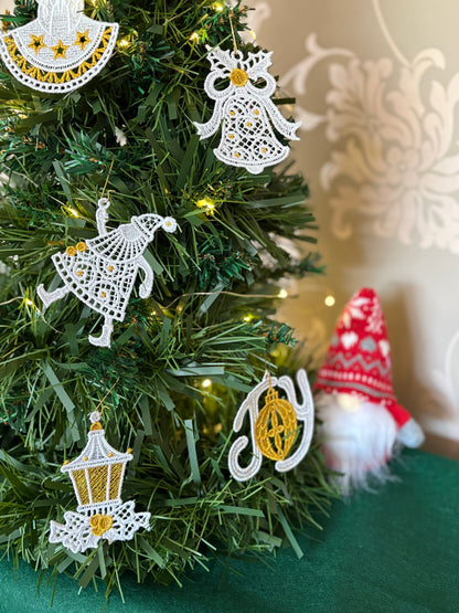 Set of 10 Machine-Embroidered Christmas Ornaments – White & Gold Lace Decorations