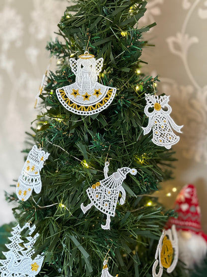 Set of 10 Machine-Embroidered Christmas Ornaments – White & Gold Lace Decorations