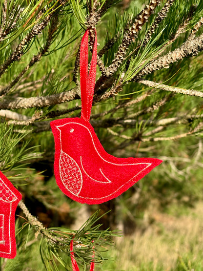 Set of 10 Red Felt Ornaments – Machine-Embroidered in Silver Thread, Filled with Recycled 100% Sheep Wool