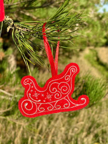 Set of 10 Red Felt Ornaments – Machine-Embroidered in Silver Thread, Filled with Recycled 100% Sheep Wool
