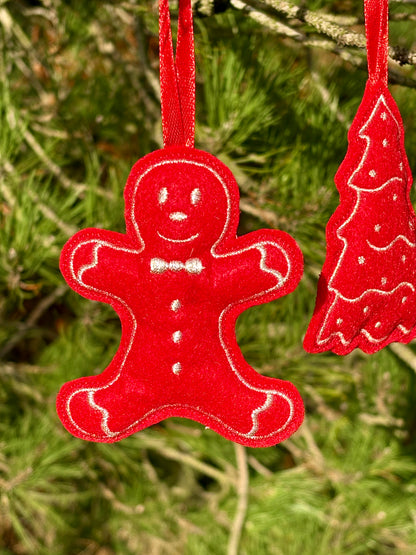 Set of 10 Red Felt Ornaments – Machine-Embroidered in Silver Thread, Filled with Recycled 100% Sheep Wool