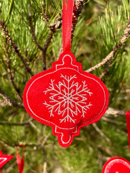 Set of 10 Red Felt Ornaments – Machine-Embroidered in Silver Thread, Filled with Recycled 100% Sheep Wool