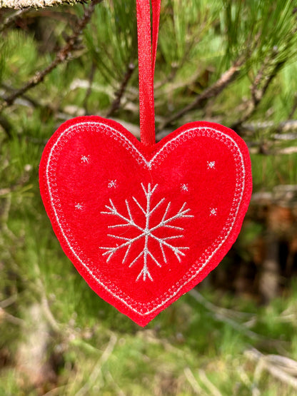 Set of 10 Red Felt Ornaments – Machine-Embroidered in Silver Thread, Filled with Recycled 100% Sheep Wool