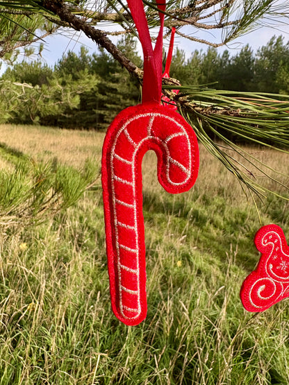 Set of 10 Red Felt Ornaments – Machine-Embroidered in Silver Thread, Filled with Recycled 100% Sheep Wool
