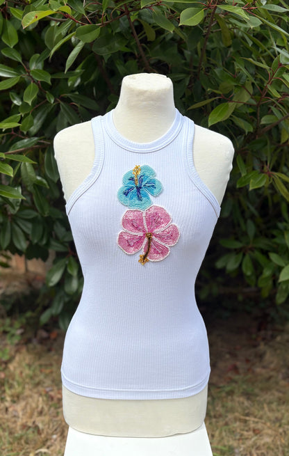 Ocean Bloom – Hand-Beaded Floral Tank Top